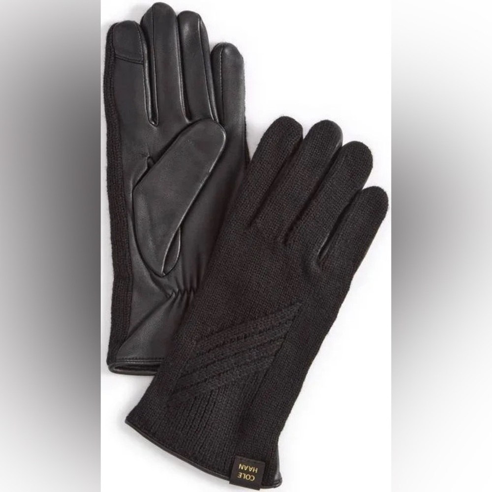 Cole Haan Asymmetrical Rib Cage Leather/Knit Gloves Caviar Size M